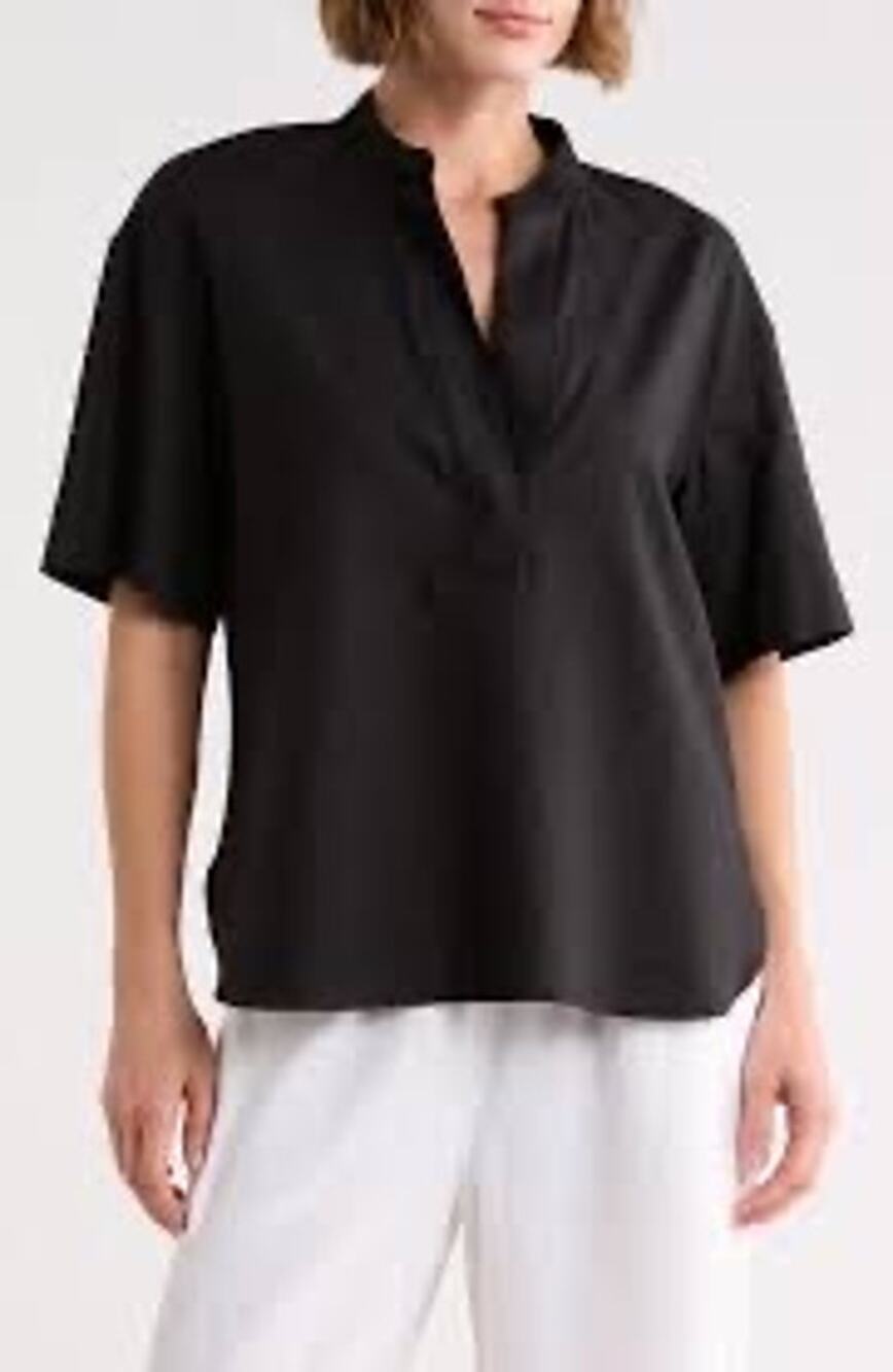 Vince Easy Linen-Blend Split Neck Top Sz M